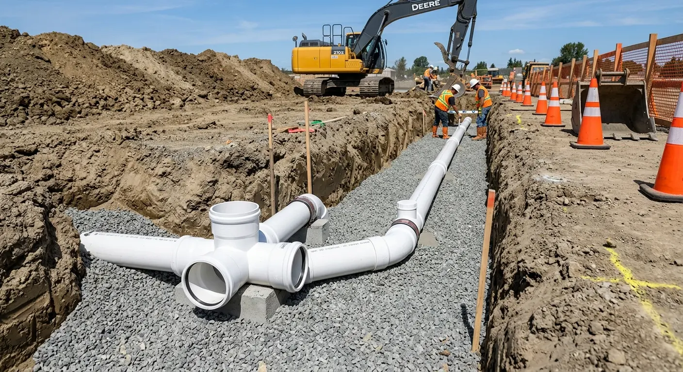 New PVC sewer pipe installation in open trench for Sewer Backup in Oscoda
