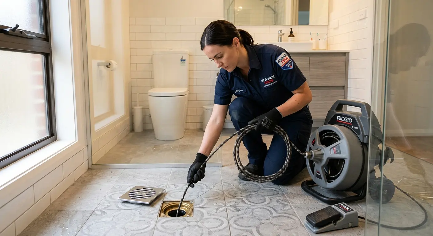 Technician clearing a bathroom floor drain for Clogged Drain Repair in Oscoda